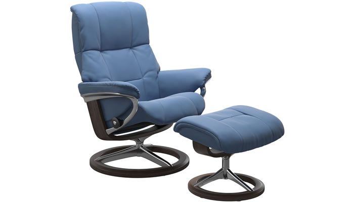 Stressless Mayfair Recliner with Signature Base and Stool in Batick Lazuli Blue Leather